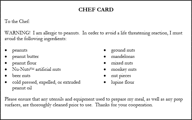 Peanut Allergy Chef Card